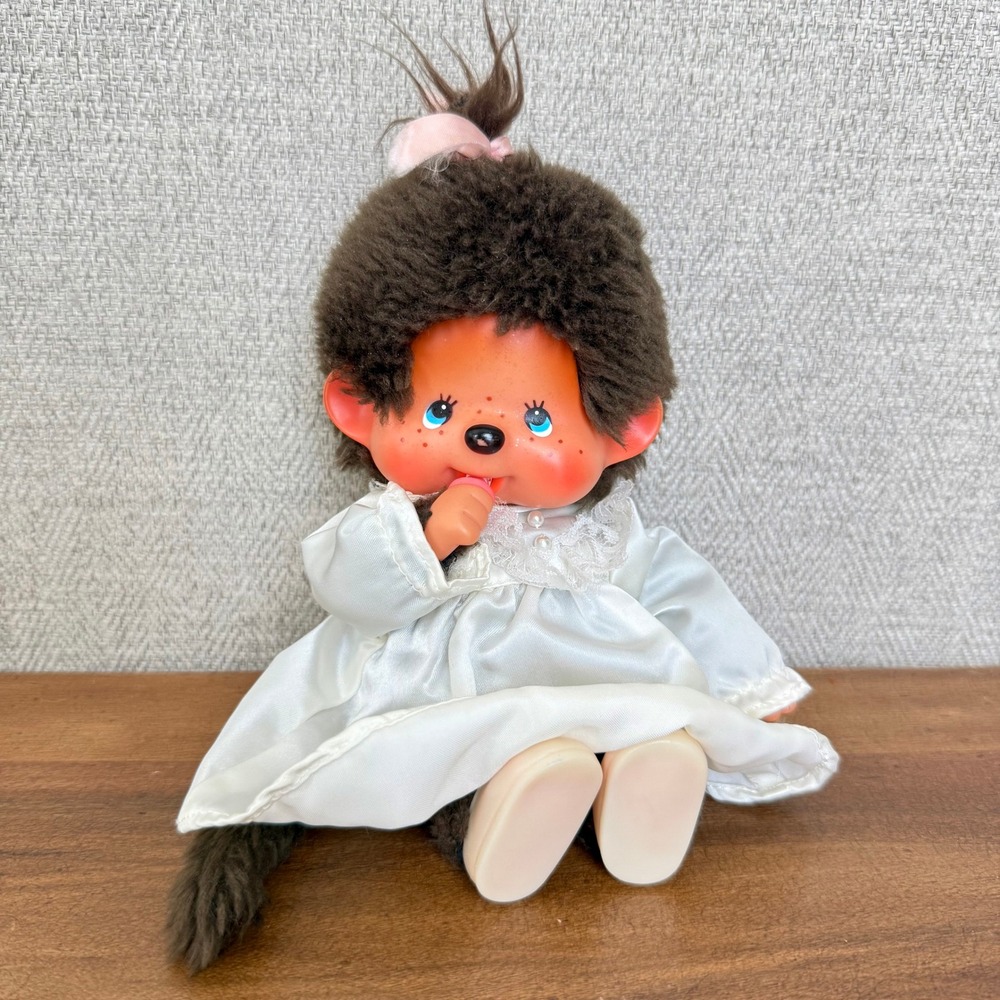 Vintage 1974 Monchhichi Sekiguchi Mattel Girl Monkey Plush Doll White Dress 8"